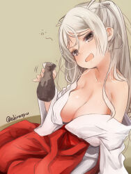 Rule 34 | 1girl, akino shuu, blush, breasts, brown eyes, cleavage, collarbone, conte di cavour (kancolle), drunk, grey hair, hakama, holding, japanese clothes, kantai collection, large breasts, long hair, miko, motion lines, official alternate costume, open mouth, red hakama, solo, squeans, tokkuri, twitter username, wide sleeves