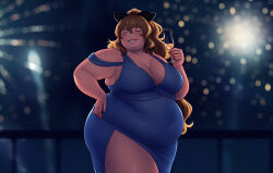 Rule 34 | 1girl, better-with-salt, blonde hair, blue dress, breasts, cleavage, closed eyes, dress, fat, grin, large breasts, long hair, new year, obese, satou lilly, smile, solo, standing, thick arms, thick thighs, thighs