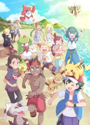 Rule 34 | 5girls, 6+boys, :d, ;d, ahoge, alolan form, alolan marowak, alolan vulpix, antenna hair, arms up, ash ketchum, baby, blonde hair, blue eyes, blue hair, blue pants, blue sailor collar, bracelet, braid, braided ponytail, bright pupils, brown eyes, brown hair, brown pants, burnet (pokemon), carrying, chloe (pokemon), clenched hands, closed eyes, clothes around waist, cloud, collared shirt, commentary request, creatures (company), day, eevee, eyelashes, flip-flops, flower, game freak, gen 1 pokemon, gen 4 pokemon, gen 7 pokemon, gen 8 pokemon, gladion (pokemon), goh (pokemon), green footwear, grey overalls, grey shirt, grey shorts, grin, grookey, hair flower, hair ornament, hairband, hat, highres, holding, holding pokemon, hood, hood down, hoodie, jewelry, kiawe (pokemon), kukui (pokemon), lab coat, lana (pokemon), legendary pokemon, lillie (pokemon), mallow (pokemon), mei (maysroom), multiple boys, multiple girls, necklace, nintendo, no sclera, on head, one-piece swimsuit, one eye closed, open mouth, orange hair, outdoors, overalls, palm tree, pants, pikachu, pink flower, pink footwear, pink shirt, pokemon, pokemon (anime), pokemon (creature), pokemon journeys, pokemon on head, red footwear, red shorts, rotom, rotom dex, sailor collar, sand, sandals, shirt, shoes, shore, short hair, short sleeves, shorts, sitting, sky, sleeveless, sleeveless shirt, smile, sophocles (pokemon), standing, swimsuit, swimsuit under clothes, t-shirt, tapu koko, teeth, toes, togedemaru, tongue, topless male, torn clothes, torn pants, tree, tsareena, upper teeth only, water, white headwear, white pupils, white shirt, yellow hairband, z-ring