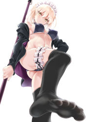 Rule 34 | 1girl, artoria pendragon (alter swimsuit rider) (fate), artoria pendragon (fate), ass, bikini, black thighhighs, blonde hair, breasts, cameltoe, cle masahiro, cleavage, cleft of venus, closed mouth, covered erect nipples, eyebrows, fate/grand order, fate (series), feet, from below, groin, highres, holding, jacket, legs, looking down, maid, maid headdress, matching hair/eyes, no shoes, open clothes, open jacket, simple background, small breasts, solo, staff, standing, swimsuit, thigh strap, thighhighs, thighs, toes, white background, yellow eyes