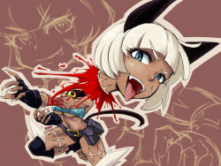 1girl animal_ears belt blood blue_eyes bob_cut breasts cat_ears cat_girl claws collar fang female_focus fingerless_gloves gloves midriff ms._fortune_(skullgirls) open_mouth scar severed_head sharp_nails short_hair skullgirls sleeveless sleeveless_turtleneck smile solo tail teatime_(mike) teeth toes tongue tongue_out turtleneck underboob white_hair