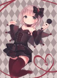 Rule 34 | 1girl, argyle, argyle background, argyle clothes, black bow, black hair, black skirt, black wings, bow, breasts, choker, cleavage, corset, detached sleeves, green eyes, grey hair, hair bow, heart, heart of string, holding, leg up, long sleeves, microphone, okayu (headless), sanya v. litvyak, short hair, skirt, sleeves past wrists, small breasts, smile, solo, strike witches, thighhighs, wings, world witches series, zettai ryouiki