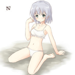 Rule 34 | 00s, 1girl, arm support, barefoot, blush, bra, green eyes, twirling hair, hanyu, kneeling, lingerie, navel, panties, purple hair, sanya v. litvyak, short hair, signature, silver hair, solo, strike witches, underwear, underwear only, world witches series