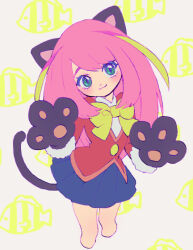 Rule 34 | 1girl, :3, akiyama enma, animal ears, animal hands, blonde hair, blue skirt, blush, bow, cat ears, cat paws, cat tail, closed mouth, cowboy shot, cropped legs, gloves, green eyes, hands up, hashimoto nyaa, jacket, long hair, long sleeves, looking at viewer, multicolored hair, osomatsu-kun, paw gloves, pink hair, pleated skirt, red jacket, school uniform, skirt, slit pupils, smile, solo, standing, streaked hair, tail, yellow bow