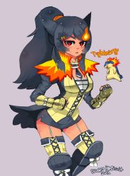 Rule 34 | 1girl, animal ears, armor, black hair, boots, creatures (company), cross-laced footwear, fingerless gloves, game freak, garter straps, gen 2 pokemon, gloves, greaves, hair ornament, hairclip, highres, hopebiscuit, lace-up boots, laced shoes, long hair, miniskirt, moemon, nintendo, personification, pixelated, pokemon, pokemon (creature), ponytail, red eyes, scar, skirt, solo, thigh boots, thighhighs, typhlosion