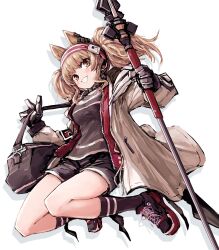 Rule 34 | 1girl, angelina (arknights), animal ears, arknights, black shorts, black socks, breasts, brown eyes, brown hair, coat, earpiece, gloves, grin, hairband, highres, holding, holding staff, infection monitor (arknights), long hair, long sleeves, looking at viewer, medium breasts, open clothes, open coat, red hairband, shoes, short shorts, shorts, simple background, smile, sneakers, socks, solo, staff, twintails, white background, yachima tana