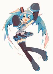 Rule 34 | 1girl, :3, ahoge, arm up, armpits, black eyes, black footwear, black skirt, black sleeves, blue hair, blue necktie, blush, boots, collared shirt, commentary, detached sleeves, fang, full body, grey shirt, hair ornament, half-closed eyes, hand up, hatsune miku, headphones, highres, knees together feet apart, looking at viewer, necktie, pleated skirt, shirt, skirt, sleeveless, sleeveless shirt, sleeves past fingers, sleeves past wrists, smile, solo, suuroku, teeth, thigh boots, thighhighs, tie clip, twintails, upper teeth only, vocaloid, white background, zettai ryouiki