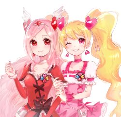 Rule 34 | 2girls, black bow, blonde hair, blush, bow, brooch, choker, closed mouth, collarbone, cowboy shot, cure passion, cure peach, dot nose, dress, earrings, fresh precure!, frilled arm wamers, frills, hair ornament, heart, heart earrings, heart hair ornament, higashi setsuna, jewelry, long hair, looking at viewer, magical girl, momozono love, multiple girls, namo (namo suuun), one eye closed, pink choker, pink eyes, pink hair, pink skirt, pink wrist cuffs, precure, puffy sleeves, red arm warmers, red dress, red eyes, simple background, skirt, smile, standing, tiara, twintails, white background, white choker, wrist cuffs