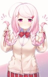 Rule 34 | 1girl, :|, ahoge, bow, bowtie, braid, cardigan, closed mouth, collared shirt, hair ornament, hair ribbon, hairclip, highres, holding, holding own hair, ksk (semicha keisuke), long hair, long sleeves, looking at viewer, nijisanji, notice lines, pink eyes, pink hair, plaid, plaid skirt, red bow, red bowtie, red ribbon, red skirt, ribbon, shiina yuika, shiina yuika (1st costume), shirt, skirt, solo, swept bangs, twin braids, upper body, virtual youtuber, white cardigan, white shirt, x hair ornament