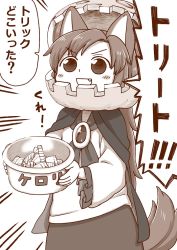 Rule 34 | 1girl, aged down, animal ears, blouse, blush, bowl, candy, cloak, costume, emphasis lines, fang, food, halloween, imaizumi kagerou, jack-o&#039;-lantern, monochrome, muted color, open mouth, poronegi, pumpkin, shirt, solo, standing, tail, touhou, translated, v-shaped eyebrows, white background, wolf ears, wolf tail