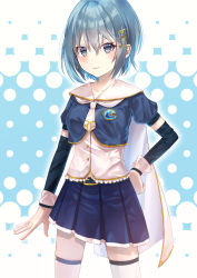 Rule 34 | 1girl, abstract background, adapted costume, arm at side, asymmetrical clothes, belt, belt buckle, blue eyes, blue hair, blue skirt, blue sleeves, blush, buckle, cape, closed mouth, collarbone, cowboy shot, detached sleeves, dress shirt, fortissimo, gloves, hair between eyes, hair ornament, hand on own hip, highres, long sleeves, looking at viewer, mahou shoujo madoka magica, mahou shoujo madoka magica (anime), mahou shoujo madoka magica movie 1 &amp; 2, miki sayaka, mimiko (artist), miniskirt, musical note, musical note hair ornament, pleated skirt, shirt, short hair, skirt, smile, solo, standing, thighhighs, white cape, white gloves, white shirt, white thighhighs, zettai ryouiki