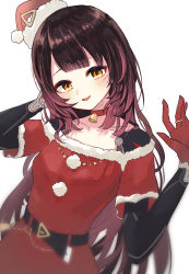 Rule 34 | 1girl, absurdres, android, bell, brown eyes, brown hair, choker, collarbone, dress, hat, highres, hololive, long hair, looking at viewer, mechanical arms, neck bell, off-shoulder dress, off shoulder, pink hair, red choker, red dress, red hat, roboco-san, santa dress, santa hat, solo, tagosaku (tatsukiuma0329), very long hair, virtual youtuber, waving, white background