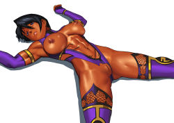 Rule 34 | blue eyes, breasts, cessa, cleft of venus, cosplay, dark-skinned female, dark skin, defeat, dungeons &amp; dragons, dungeons &amp; dragons: shadow over mystara, large breasts, mileena (cosplay), moriah, nipples, pussy, simple background, solo, thighhighs, torn clothes, white background