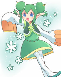Rule 34 | 1girl, blue eyes, double bun, dress, green dress, green footwear, green hair, hair between eyes, hair bun, horns, lidelle (puyopuyo), looking at viewer, open mouth, pointy ears, puyopuyo, shoes, sleeves past wrists, smile, white background, white sleeves, xox xxxxxx
