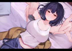 Rule 34 | 1girl, absurdres, bare arms, bare shoulders, bed sheet, black hair, blush, breasts, brown eyes, brown jacket, collarbone, commentary request, half-closed eyes, highres, jacket, unworn jacket, large breasts, looking at viewer, lying, nose blush, on back, original, overalls, pillow, racchi., smile, solo, tank top, white tank top