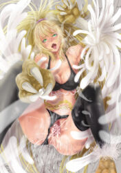 Rule 34 | 1girl, animal feet, animal hands, ayuhara shizuku 2 nichime higashi ra 20-a, black thighhighs, blonde hair, breasts, claws, commentary request, duel monster, feathers, female ejaculation, green eyes, harpie dancer, harpy, highres, large breasts, long hair, looking at viewer, lying, monster girl, navel, on back, open mouth, ponytail, pussy, pussy juice, saliva, solo, teeth, thighhighs, tongue, upper teeth only, winged arms, wings, yu-gi-oh!
