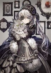 Rule 34 | 1girl, apple, black flower, black rose, blue eyes, cat, commentary request, dress, eyepatch, flower, food, fruit, gothic lolita, grey hair, hairband, highres, lolita fashion, long hair, looking at viewer, open mouth, original, rose, senano-yu, solo, twintails