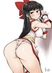 Rule 34 | 1girl, absurdres, against wall, ainu clothes, ass, bent over, black eyes, black hair, blunt bangs, blush, bow, breasts, butt crack, fingerless gloves, from behind, fundoshi, gloves, hair bow, hairband, highres, hime cut, japanese clothes, large breasts, long hair, looking back, nakoruru, ponytail, red bow, samurai spirits, sleeveless, solo, tamura shimeji, teardrop, the king of fighters, the king of fighters xiv