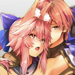 Rule 34 | 1boy, 1girl, animal ear fluff, animal ears, bare shoulders, blue kimono, blue ribbon, blush, brown hair, commentary, detached sleeves, fang, fate/extra, fate/grand order, fate (series), fox ears, fox girl, hair ribbon, japanese clothes, kimono, kishinami hakuno (male), looking at viewer, open mouth, pink hair, ribbon, short hair, skin fang, tamamo (fate), tamamo no mae (fate/extra), tsukumihara academy uniform (fate/extra), wisespeak, yellow eyes