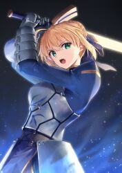 Rule 34 | 1girl, absurdres, ahoge, armor, armored dress, artoria pendragon (all), artoria pendragon (fate), blonde hair, blue dress, blue ribbon, braid, breastplate, commentary, dress, excalibur (fate/stay night), fate/stay night, fate (series), french braid, gauntlets, green eyes, hair between eyes, hair bun, hair ribbon, highres, holding, holding sword, holding weapon, juliet sleeves, long sleeves, looking at viewer, open mouth, plackart, puffy sleeves, ribbon, saber (fate), short hair, single hair bun, solo, sword, teeth, upper teeth only, weapon, yanagi marie