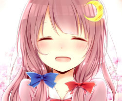 Rule 34 | 1girl, :d, ^ ^, blush, crescent, crescent hair ornament, closed eyes, hair ornament, hair ribbon, highres, long hair, misa (kaeruhitode), open mouth, patchouli knowledge, purple hair, ribbon, smile, solo, touhou, white background