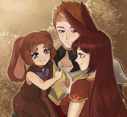 Rule 34 | 1boy, 2girls, absurdres, animal ears, armor, blue bow, blue bowtie, blue eyes, bow, bowtie, breasts, brown eyes, brown hair, cardin winchester, closed mouth, commentary, commission, dress, english commentary, family, flower, grin, highres, holding, holding flower, large breasts, long hair, multiple girls, outdoors, rabbit ears, rabbit girl, rwby, short hair, short sleeves, sleeveless, sleeveless dress, smile, squira130, tareme, teeth, upper body, velvet scarlatina, white flower