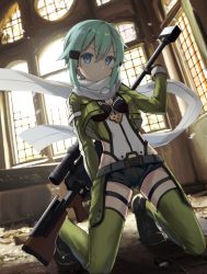 Rule 34 | 10s, 1girl, anti-materiel rifle, aqua hair, bad id, bad pixiv id, belt, black gloves, blue eyes, bolt action, breasts, cleavage, fingerless gloves, gloves, green thighhighs, gun, hair ornament, hairclip, highres, kneeling, looking at viewer, md5 mismatch, pgm hecate ii, rifle, scarf, short shorts, shorts, sinon, small breasts, sniper rifle, solo, sword art online, tadaomi (amomom), thighhighs, weapon, white scarf