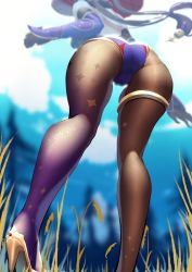 Rule 34 | 1girl, ass, ass focus, black pantyhose, blue hat, blue leotard, blue sky, blurry, blurry background, brown pantyhose, from behind, from below, genshin impact, gloves, grass, hair ornament, hane (15188414), hat, high heels, highres, leg focus, legs, leotard, mona (genshin impact), pantyhose, perspective, purple hair, sky, solo, standing, star (symbol), star hair ornament, thighs, witch hat