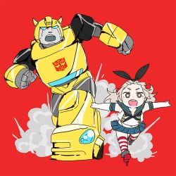 Rule 34 | 1girl, 1other, autobot, bad id, bad twitter id, black hairband, black neckerchief, black panties, blonde hair, blue sailor collar, blue skirt, brown eyes, bumblebee, chibi, crop top, crossover, elbow gloves, gloves, hairband, highleg, highleg panties, kantai collection, long hair, mecha, microskirt, miniskirt, neckerchief, ojipon, open mouth, panties, red background, robot, running, sailor collar, shimakaze (kancolle), simple background, skirt, smile, smoke, striped clothes, striped thighhighs, thighhighs, transformers, underwear, white gloves