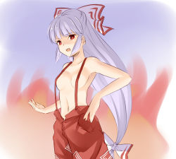 Rule 34 | 1girl, armpits, bow, breasts, censored, convenient censoring, female focus, fire, fire, fujiwara no mokou, hair bow, hair ribbon, long hair, miyo (ranthath), naked suspenders, navel, open mouth, pants, red eyes, revealing clothes, ribbon, silver hair, small breasts, solo, suspenders, topless, touhou