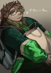 Rule 34 | 1boy, absurdres, backpack, bag, bara, braid, brown hair, catoblepas (housamo), cowboy shot, ears down, furrowed brow, furry, furry male, glasses, green jacket, green necktie, green shirt, haishiba ame, highres, holding, huge eyebrows, jacket, leaning back, long hair, looking at viewer, male focus, necktie, open mouth, pants, shirt, simple background, solo, tokyo houkago summoners