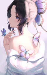 Rule 34 | 1girl, absurdres, back, black hair, bug, butterfly, butterfly hair ornament, butterfly on hand, commentary request, from behind, hair ornament, hand up, haori, highres, insect, japanese clothes, kimetsu no yaiba, kochou shinobu, looking to the side, medium hair, off shoulder, purple butterfly, purple eyes, sidelocks, single bare shoulder, solo, tooku0