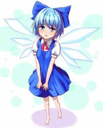 Rule 34 | 1girl, bad id, bad pixiv id, barefoot, blue hair, cirno, dress, female focus, full body, ket-c, ribbon, solo, embodiment of scarlet devil, touhou, white background, wings