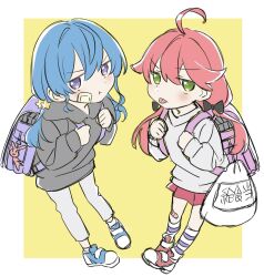 Rule 34 | 2girls, :t, aged down, ahoge, alternate costume, ankle socks, asymmetrical sidelocks, backpack, bag, bandaid, bandaid on face, bandaid on leg, black bow, black hoodie, blue hair, blush, bow, closed mouth, commentary request, dot nose, double-parted bangs, furrowed brow, grey pants, hair between eyes, hair bow, hair ornament, highres, holding strap, hololive, hood, hoodie, hoshimachi suisei, kneehighs, long hair, long sleeves, looking at viewer, low twintails, multiple girls, pants, pink bag, pink hair, pleated skirt, pouch, pout, purple bag, purple eyes, purple socks, randoseru, red skirt, sakura miko, shoes, skirt, sneakers, socks, star (symbol), star hair ornament, star in eye, striped clothes, striped socks, stuffed animal, stuffed rabbit, stuffed toy, sweater, symbol in eye, tongue, tongue out, translation request, twintails, virtual youtuber, white socks, white sweater, yaya (pi63925174)