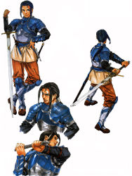 Rule 34 | 1boy, absurdres, armor, belt, black hair, blue eyes, brown hair, dagger, fighting stance, from behind, full body, hand on own hip, highres, holding, holding sword, holding weapon, kashell, knife, long hair, looking at viewer, male focus, official art, pants, ponytail, short hair, sidelocks, simple background, smile, solo, sword, valkyrie profile (series), weapon, white background, yoshinari kou, yoshinari you