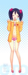 Rule 34 | 10s, 1girl, :d, absurdres, ascii media works, bare legs, bikini, black hair, bow, child, choker, closed eyes, flat chest, frilled bikini, frills, hair bow, halftone, halftone background, highres, hood, hoodie, jacket, legs, long image, long legs, love live!, love live! school idol project, navel, ooyari ashito, open mouth, pink bikini, sandals, scan, sleeves past wrists, smile, solo, stats, swimsuit, tall image, thighs, twintails, yazawa nico