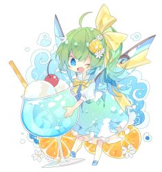 Rule 34 | 1girl, ahoge, blouse, blue dress, blue eyes, blue footwear, blush stickers, cherry, chibi, commentary, cup, daiyousei, dress, drinking glass, drinking straw, fairy, fairy wings, flower, food, food-themed hair ornament, fruit, full body, glass, green hair, hair ornament, hair ribbon, highres, ice, ice cube, lemon, lemon hair ornament, lemon slice, long hair, looking at viewer, mini person, minigirl, nikorashi-ka, one eye closed, open mouth, ponytail, puffy short sleeves, puffy sleeves, ribbon, shirt, short sleeves, solo, touhou, white background, white shirt, wings, yellow neckwear, yellow ribbon