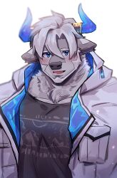 Rule 34 | 1boy, animal ears, animal nose, bara, beard, big foot (housamo), black shirt, blue eyes, blue horns, blurry, commentary, cow ears, doku (hitori ox), facial hair, furry, furry male, hair between eyes, highres, hood, hood down, hooded jacket, horns, jacket, male focus, minotaur, muscular, muscular male, open mouth, shirt, short hair, simple background, smile, solo, tokyo houkago summoners, upper body, white fur, white hair