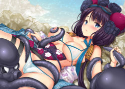 Rule 34 | 1girl, akino hamo, bare shoulders, beach, bikini, blue eyes, blush, breasts, collarbone, commentary request, fate/grand order, fate (series), floral print, flower, hair between eyes, hair bun, hair flower, hair ornament, hair ribbon, hairpin, japanese clothes, katsushika hokusai (fate), katsushika hokusai (swimsuit saber) (fate), large breasts, long hair, looking at viewer, lying, navel, nipples, obi, octopus, on back, open mouth, purple hair, restrained, ribbon, sash, single hair bun, solo, string bikini, sweat, swimsuit, tentacles, thigh strap, water, wet