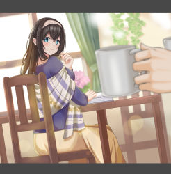 Rule 34 | 1girl, awazake (2wairu), black hair, blue eyes, blush, book, chair, coffee cup, cup, curtains, disposable cup, hairband, highres, holding, holding cup, idolmaster, idolmaster cinderella girls, letterboxed, long hair, long skirt, looking at viewer, looking back, pov, pov hands, purple shirt, sagisawa fumika, shawl, shirt, sitting, skirt, smile, solo focus, table, window, yellow skirt