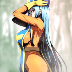 Rule 34 | 1girl, adjusting clothes, adjusting headwear, blue hair, blurry, bodysuit, breasts, cowboy shot, depth of field, dragon quest, dragon quest iii, from side, gloves, hat, large breasts, long hair, looking to the side, mitre, nakahira guy, priest (dq3), profile, red eyes, sideways glance, skin tight, solo, tabard, very long hair, yellow gloves