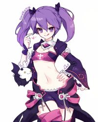 Rule 34 | 1girl, :q, aisha landar, angkor (elsword), bad id, bad pixiv id, bandeau, cowboy shot, creature, detached sleeves, elsword, flat chest, hand on own hip, harin 0, korean text, midriff, miniskirt, navel, purple eyes, purple hair, purple skirt, short hair, simple background, skirt, solo, tongue, tongue out, twintails, void princess (elsword), white background