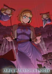 Rule 34 | absurdres, alice margatroid, blonde hair, blue eyes, bow, bowtie, breasts, cardigan, dress, gloves, highres, hourai doll, puppet strings, red background, ribbon, shanghai doll, short hair, the robot boy, thick thighs, thighs, touhou, wide hips