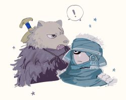 Rule 34 | !, 2boys, animal head, blaidd the half-wolf, chibi, cloak, closed mouth, elden ring, fur cloak, furry, furry male, grey background, highres, jitome, multiple boys, open mouth, scar, scar across eye, scar on face, shared speech bubble, simple background, speech bubble, spoken exclamation mark, sword, tarnished (elden ring), warrior (elden ring), weapon, weapon on back, yashiki (gh0st 5010)