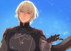 Rule 34 | 1boy, armor, blonde hair, blue eyes, byleth (fire emblem), byleth (male) (fire emblem), cape, eorinamo, fire emblem, fire emblem: three houses, gloves, hair ornament, long hair, looking at viewer, male focus, nintendo, short hair, simple background, smile, upper body