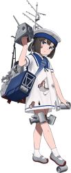 Rule 34 | 1girl, bag, black hair, blue eyes, burnt clothes, closed mouth, daitou (kancolle), damaged, depth charge, depth charge projector, dress, full body, hand up, hat, kantai collection, looking at viewer, mary janes, official art, rigging, sailor dress, sailor hat, shibafu (glock23), shoes, short ponytail, shoulder bag, smudge, solo, soot, torn clothes, transparent background, turret, underwear, white legwear