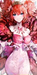 Rule 34 | 1girl, absurdres, bare shoulders, blue eyes, blush, breasts, butterfly wings, cleavage, collarbone, dress, fairy, feo ul, final fantasy, final fantasy xiv, highres, insect wings, looking at viewer, medium breasts, muaooooo, pink dress, pointy ears, red hair, solo, tiara, titania (final fantasy), twintails, wings