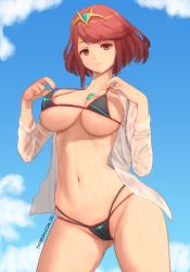 Rule 34 | 1girl, artist name, bikini, black bikini, blue sky, bob cut, breasts, chest jewel, circlet, closed mouth, cloud, cloudy sky, highres, jacket, large breasts, medium hair, micro bikini, navel, open clothes, open jacket, outdoors, pyra (xenoblade), red eyes, red hair, see-through, see-through jacket, sky, smile, solo, swimsuit, white jacket, xenoblade chronicles (series), xenoblade chronicles 2, zelc-face