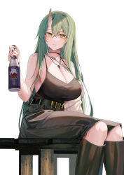 Rule 34 | 1girl, arknights, bare shoulders, blush, bottle, breasts, cleavage, feet out of frame, grey hair, highres, holding, holding bottle, horns, hoshiguma (arknights), kneehighs, large breasts, long hair, looking at viewer, parted lips, ru zhai, simple background, single horn, sitting, skin-covered horns, smile, socks, solo, white background, yellow eyes