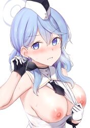 Rule 34 | 1girl, ahoge, ako (blue archive), bare shoulders, beret, between breasts, black gloves, blue archive, blue hair, blush, breasts, breasts out, cai geng, cleavage, closed mouth, gloves, hair between eyes, hair ornament, halo, hat, highres, large breasts, long hair, looking at viewer, necktie, nipples, parted lips, purple eyes, simple background, sleeveless, solo, sweat, upper body, utnapishtim operator uniform (blue archive), white background